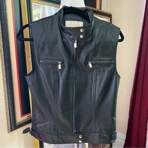 Margaret Godfrey: Women's 100% Black Leather Moto Zip Up Vest Size Small